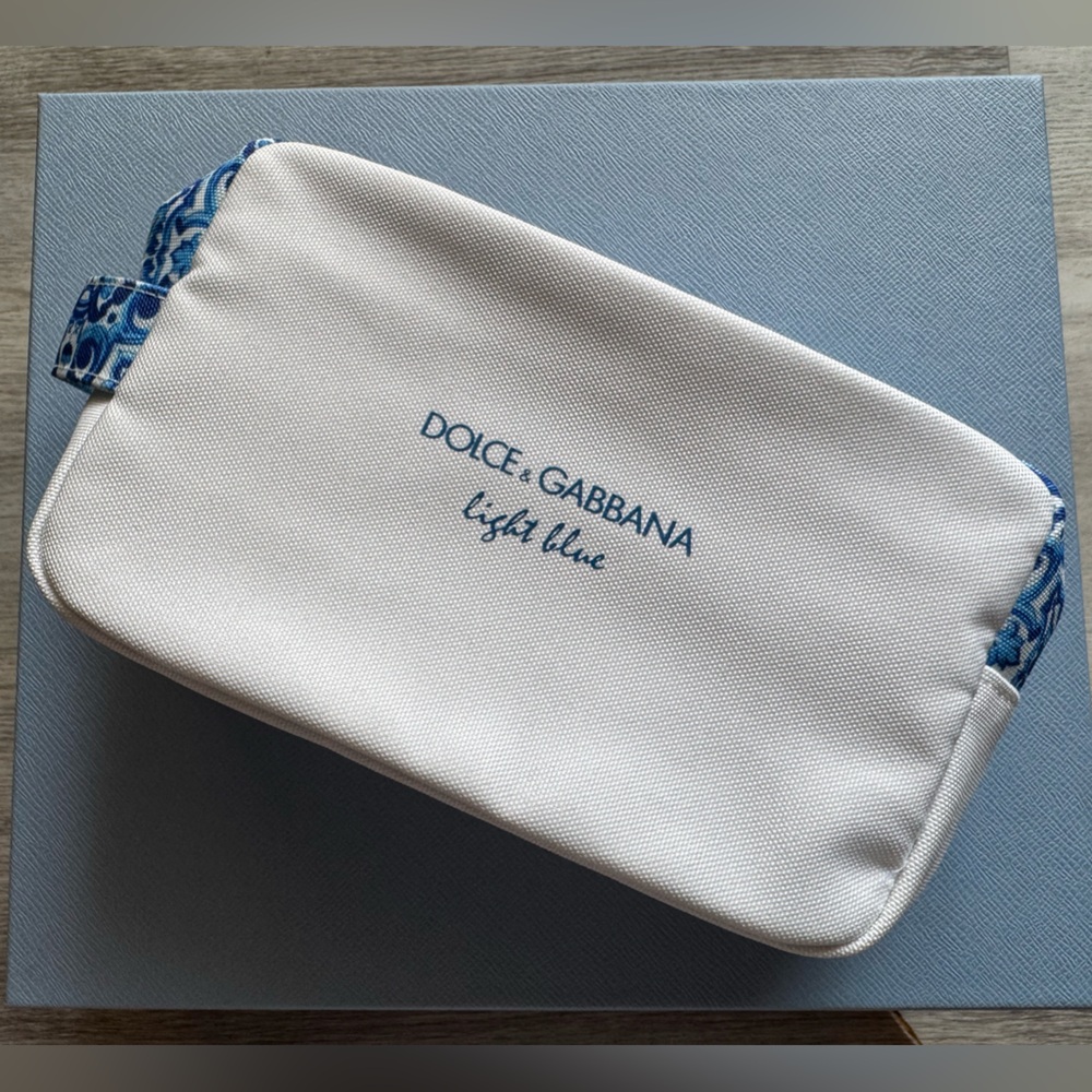 Dolce & Gabbana Light Blue Canvas Mediterranean Tile Style Toiletries Makeup Bag
